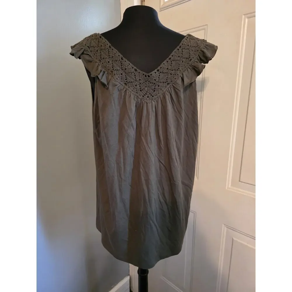 LAUREN RALPH LAUREN Top Cap Sleeve Crocheted Neckline Olive Green 3X NWT